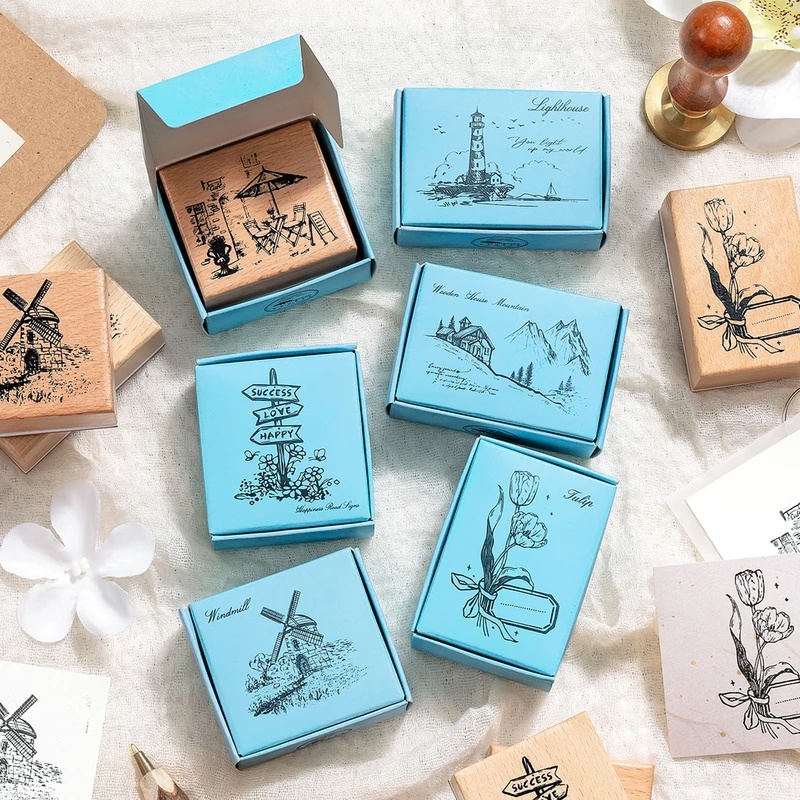 Wall Sticker - Vintage Wooden Rubber Stamps, Retro Scenery